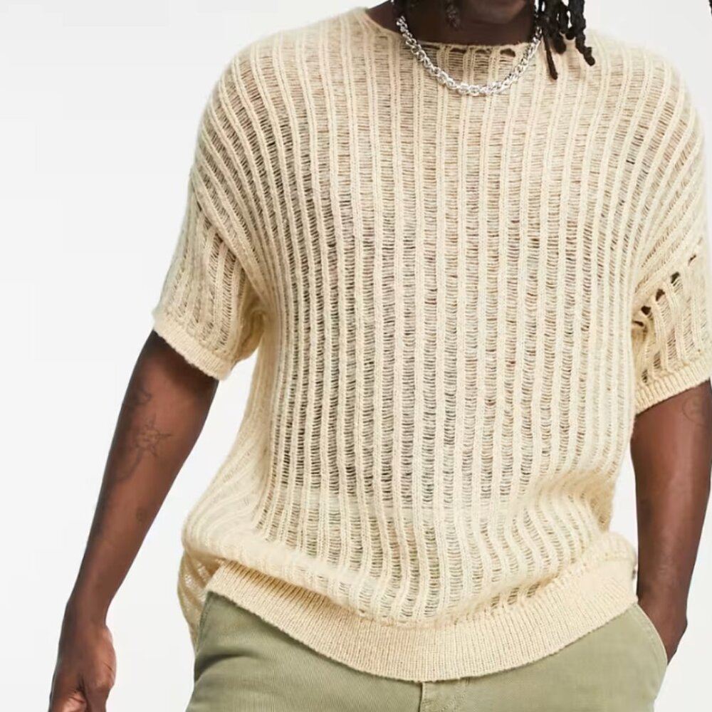 Asos Design Topman Men's Knitted Laddered Tee Shirt Sweater Stone Medium NWOT